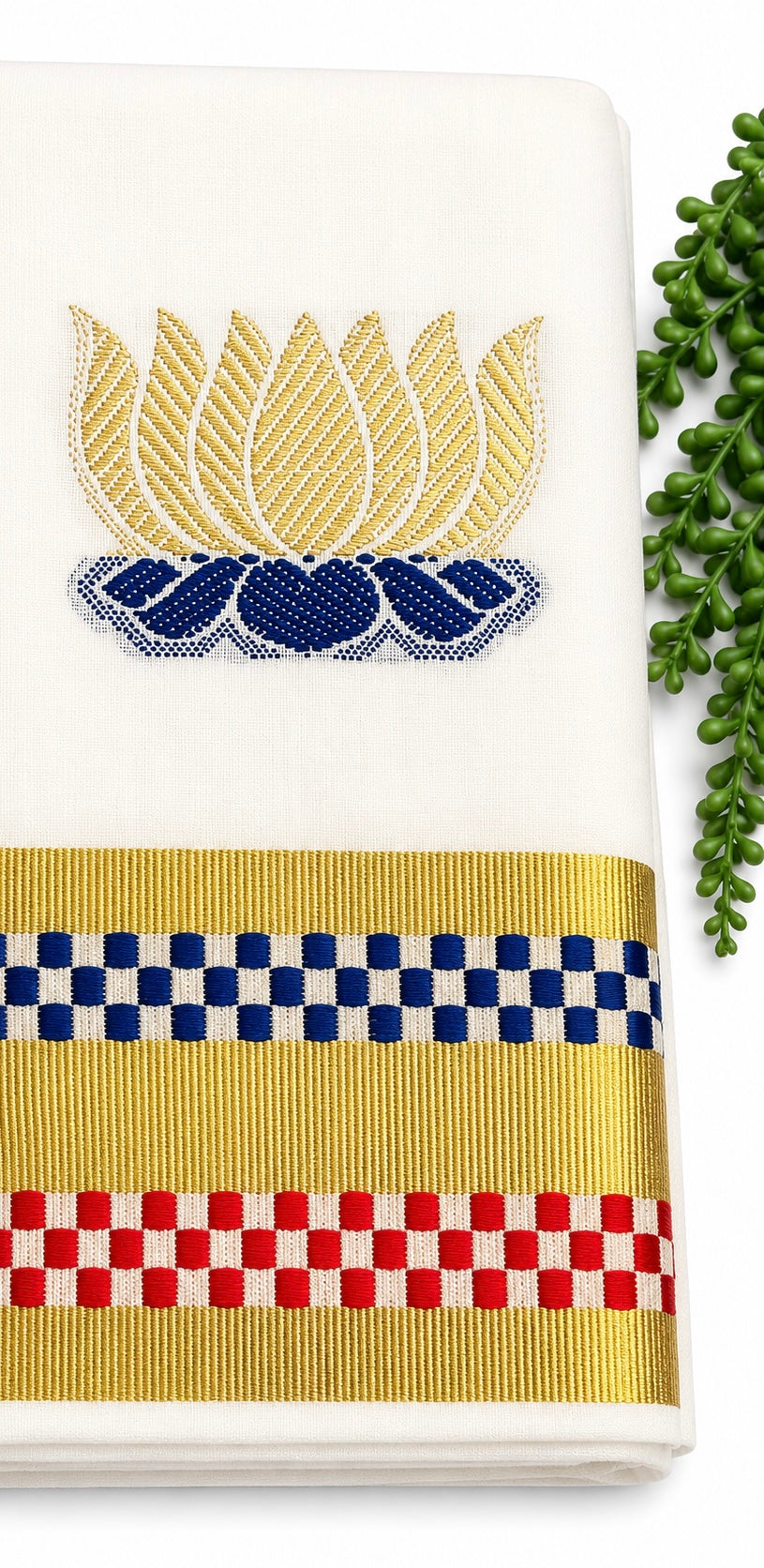 Kerala Cotton Set Saree | White Saree with Embroidered Gold & Dark Blue Lotus Motif | Woven Checkerboard Gold Zari Border