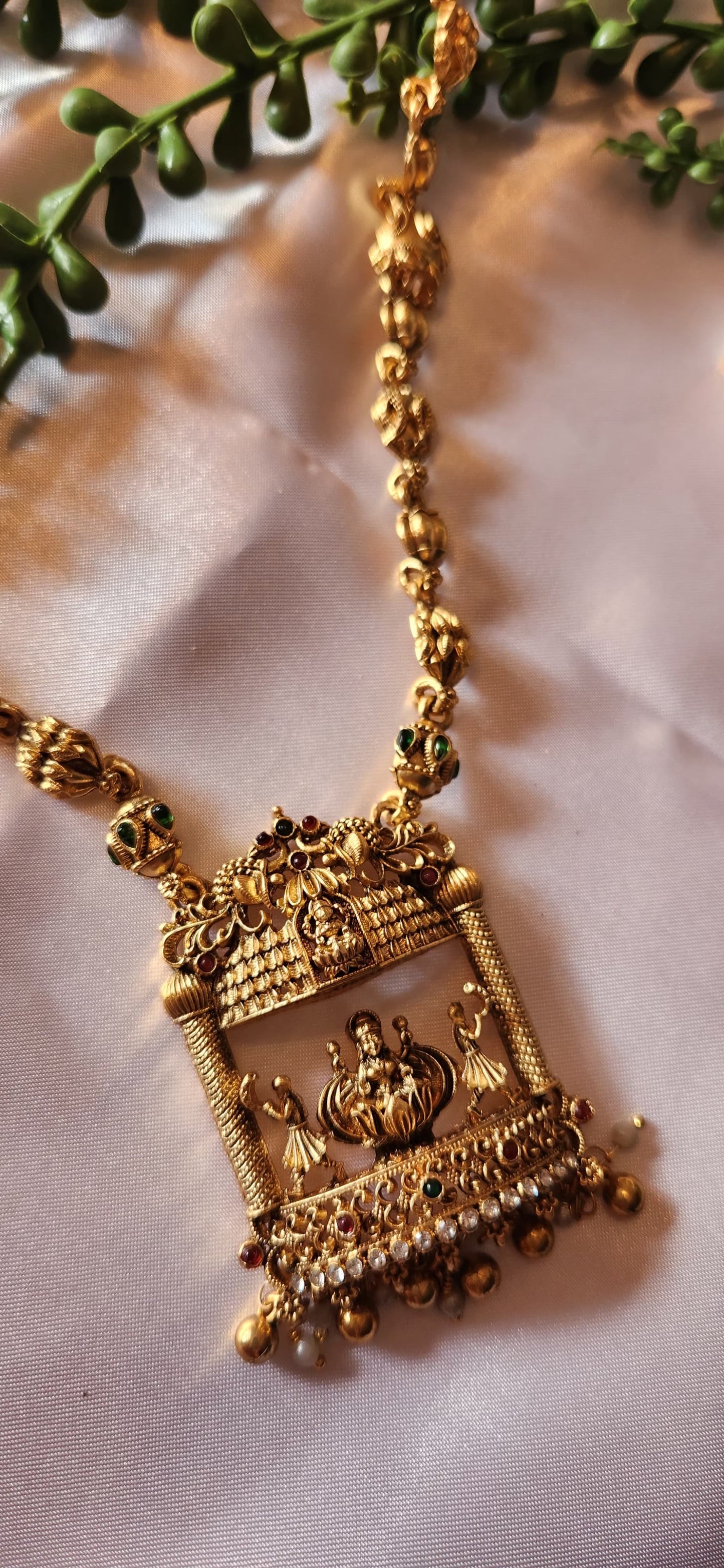 Antique Gold Temple Haram Necklace Set – Long Lakshmi Pendant with Jhumka Earrings & Pearl Drops