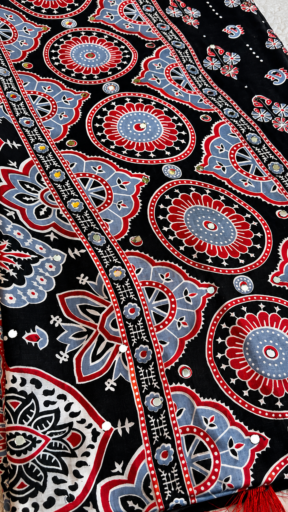 Black Modal Silk Saree with Ajrak Print & Mirror Work