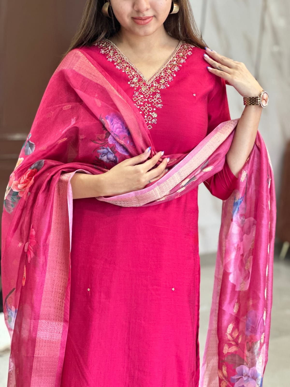 Fuchsia pink embroidered kurta set with floral organza dupatta — elegant festive outfit for Christmas and traditional celebrations.