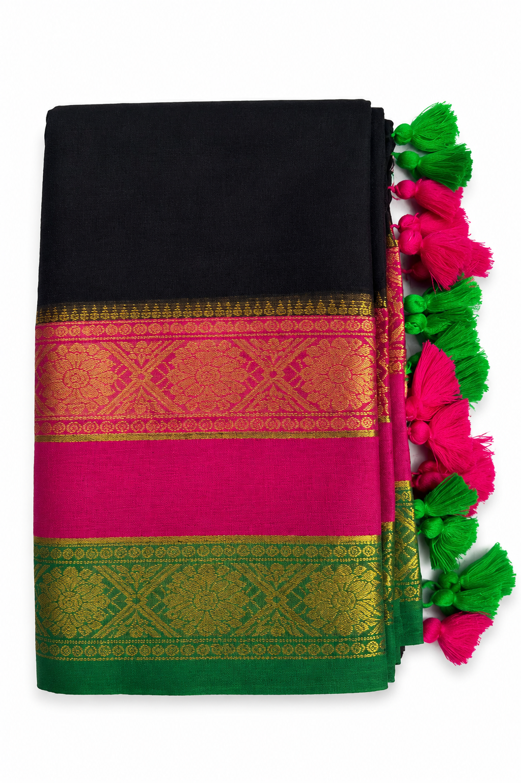 Mul Cotton 120 Count Saree – Black with Pink & Green Zari Border | Traditional South Indian Saree with Neon Tassels