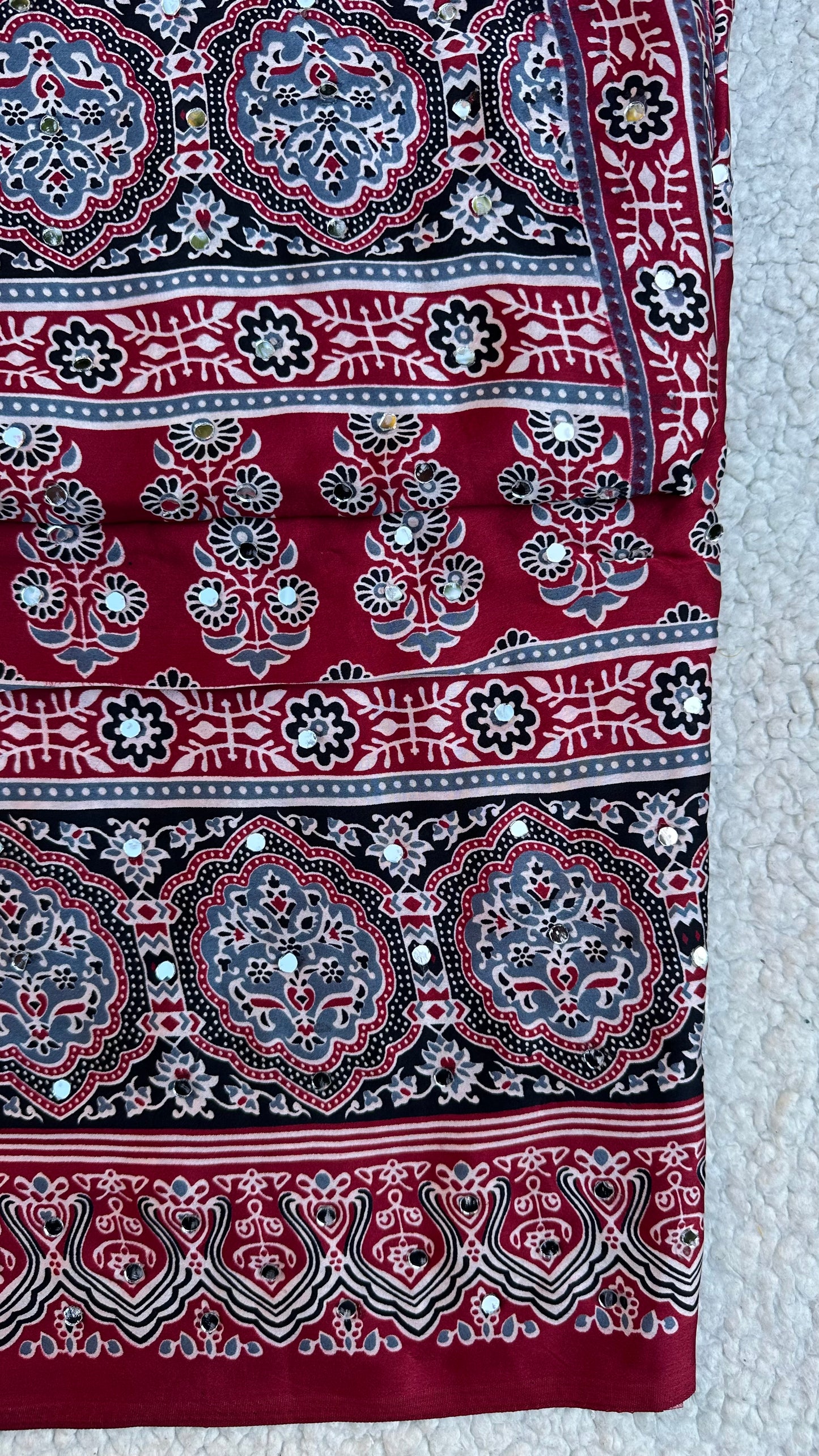 Maroon Modal Silk Saree with Ajrak Print & Mirror Work