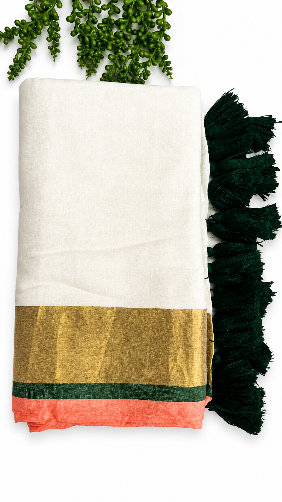 Mul Cotton 120 Count Saree – White with Gold Zari, Green & Coral Border | Traditional South Indian Saree with Green Tassels