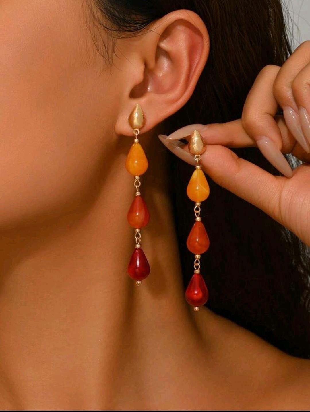Sunset Teardrop Long Dangle Earrings – Orange & Red