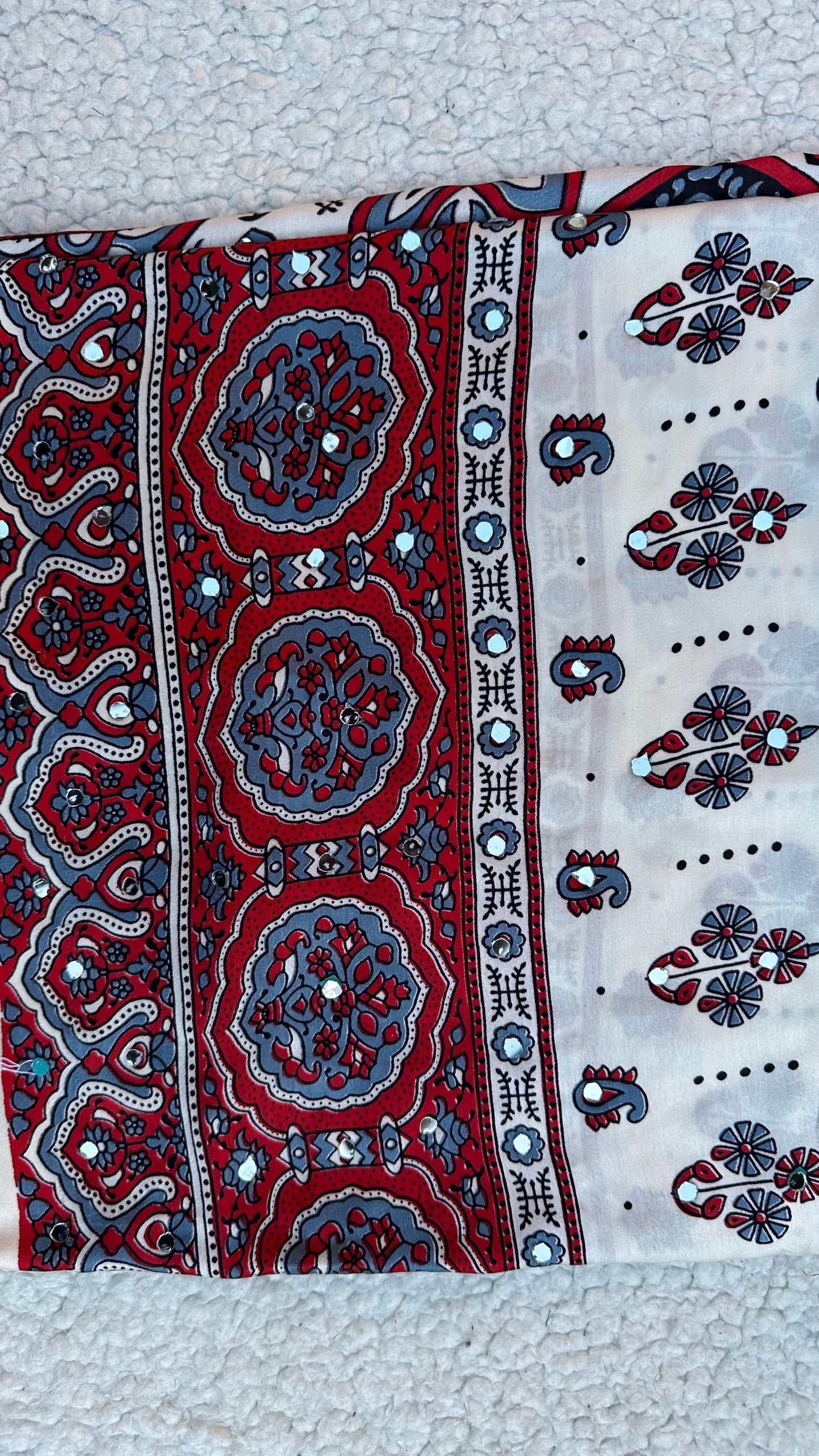 Modal Silk Ajrak Printed Saree with Mirror Work in White