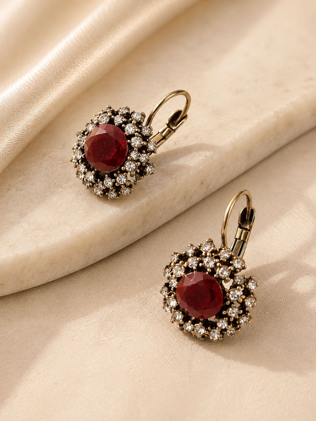Antique Gold Red Stone Earrings with Crystal Halo – Vintage-Style Lever Back Drops