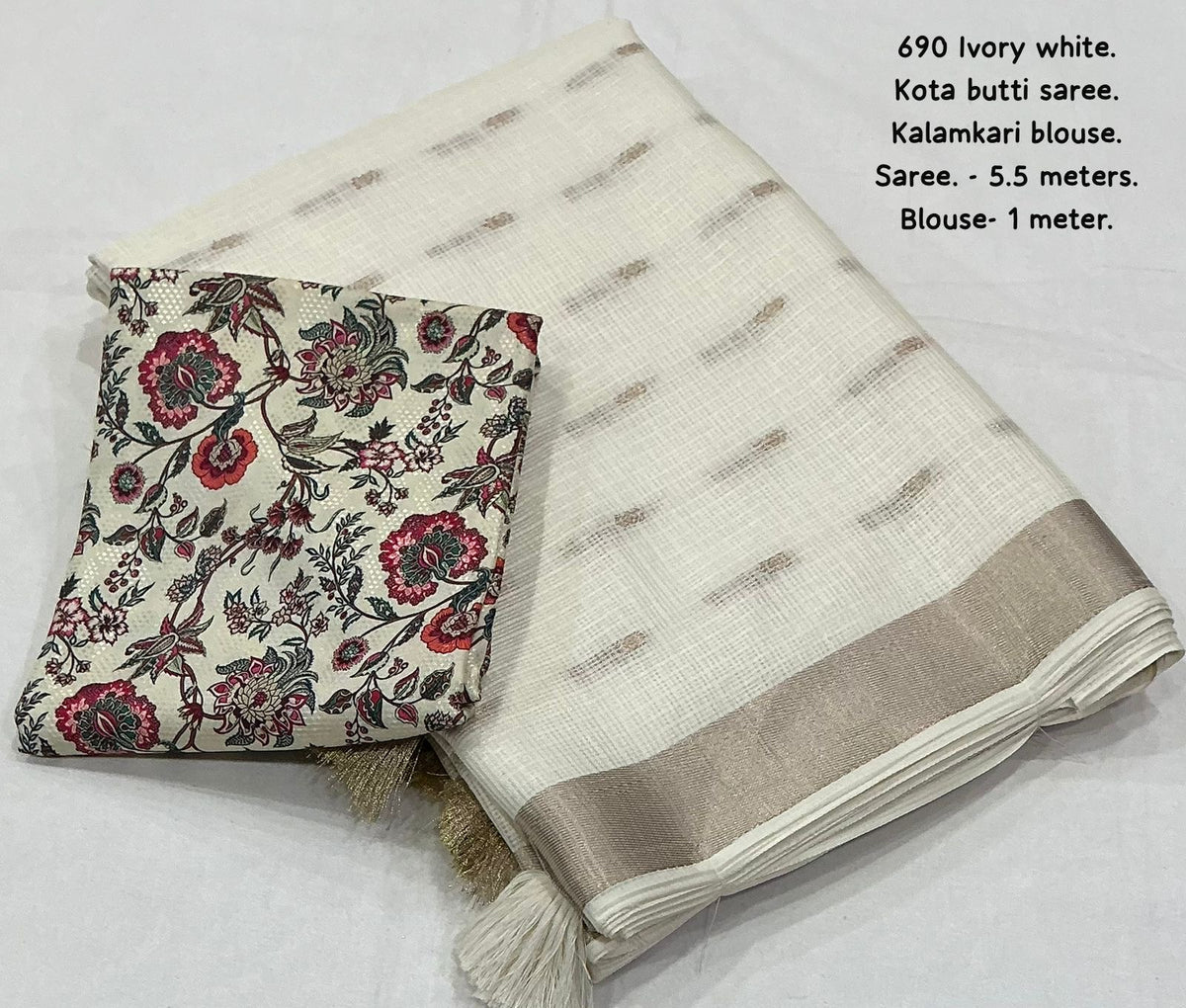 Ivory White Kota Zari Butti Saree with Kalamkari Blouse