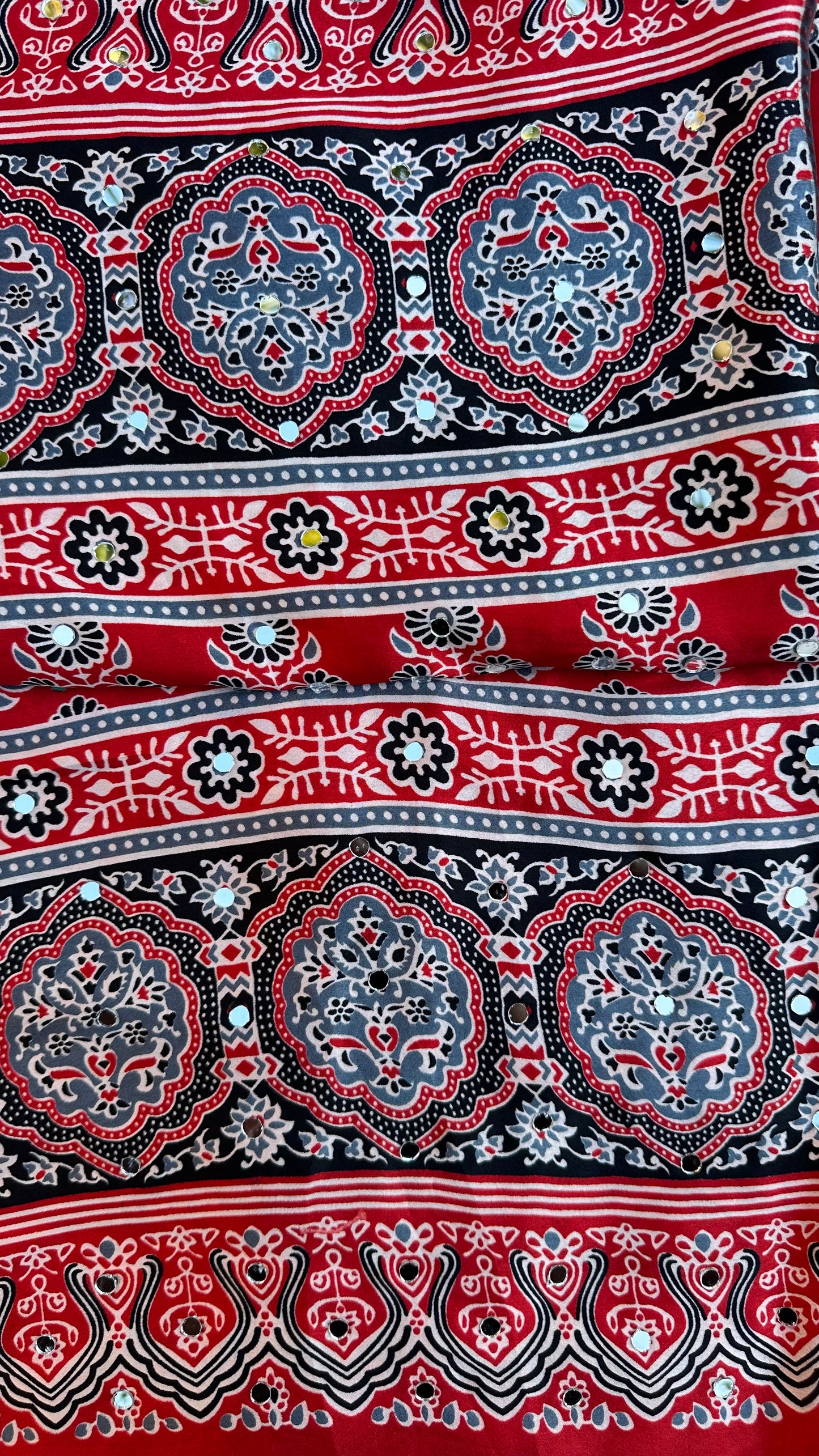 Modal Silk Ajrak Printed Saree with Mirror Work in Red