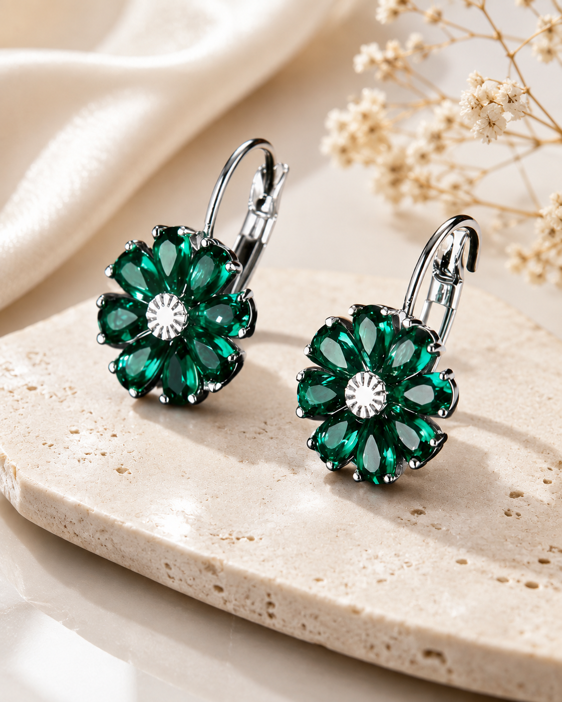 Emerald Green Crystal Floral Drop Earrings
