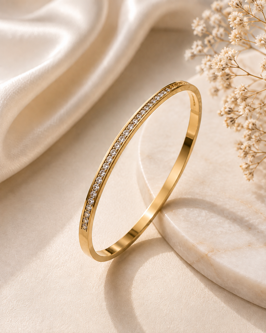 Stainless Steel Gold-Tone Single Row Crystal Bangle Bracelet