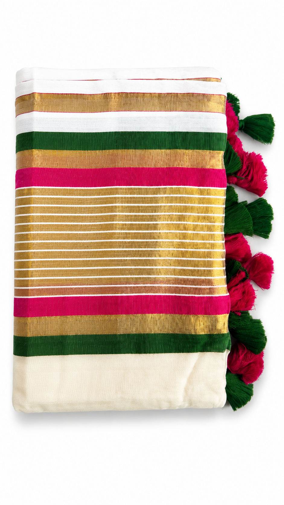 Mul Cotton Saree – Pink, Green & Gold Striped Border | Traditional South Indian Saree with Tassels