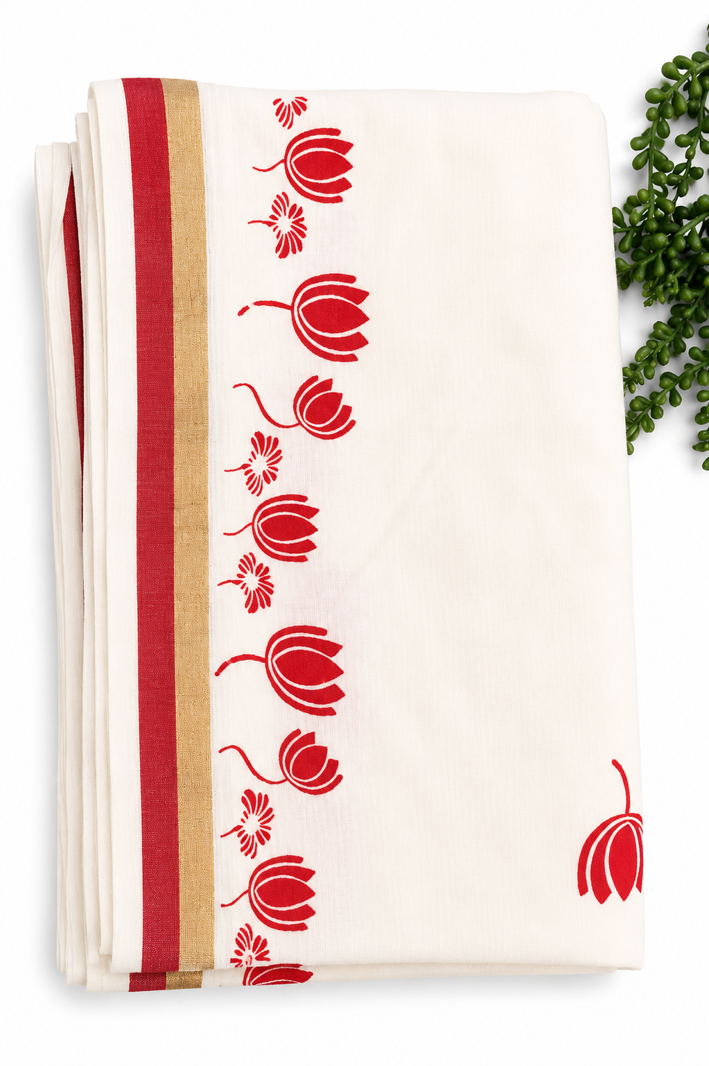 Kerala Cotton Saree | White Saree with Red Lotus Print & Gold Zari Border | Onam Festive Traditional Saree