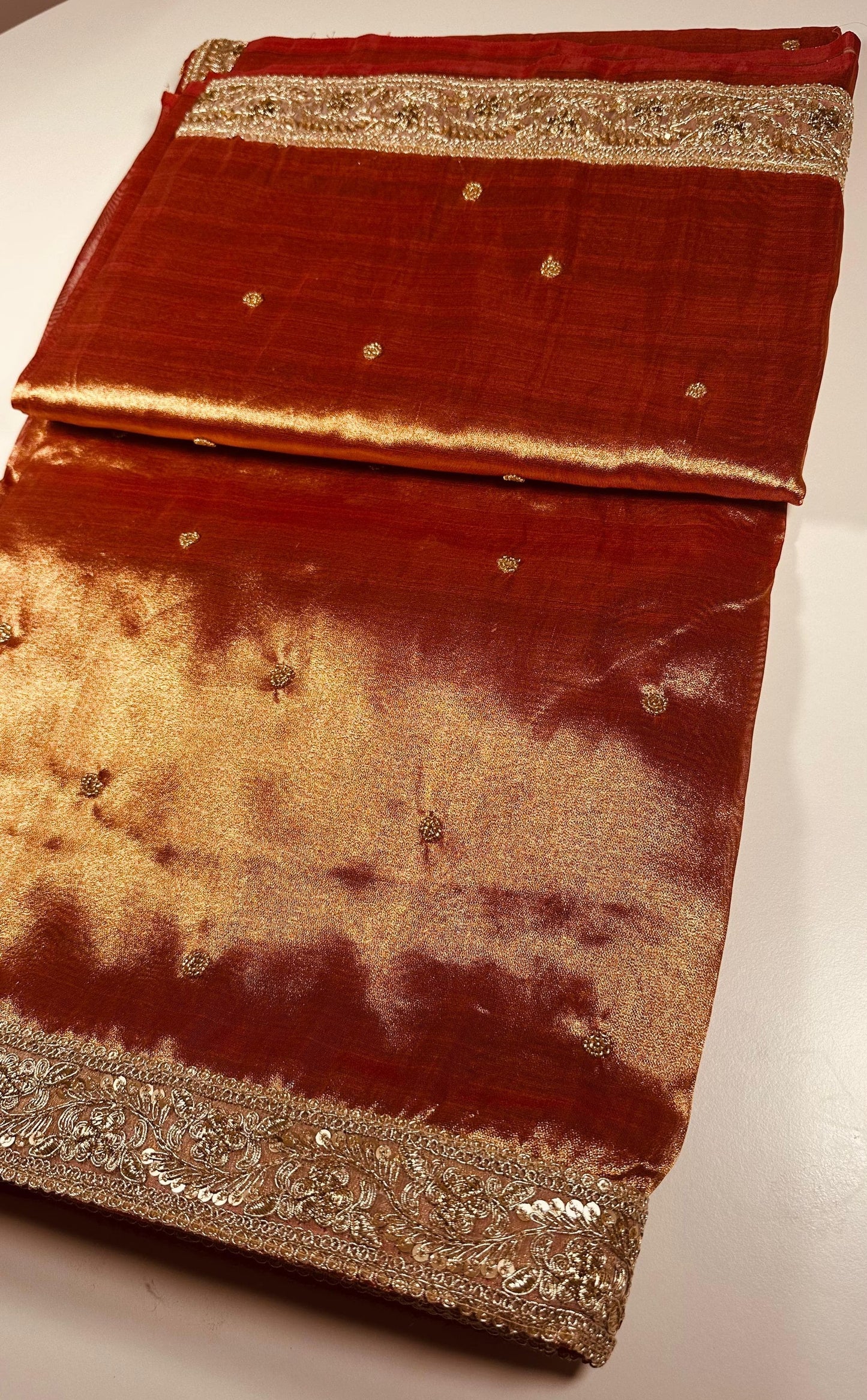 Luxurious Tissue Silk Saree with Heavy Gold Embroidered Border - Traditional Indian Wedding Saree