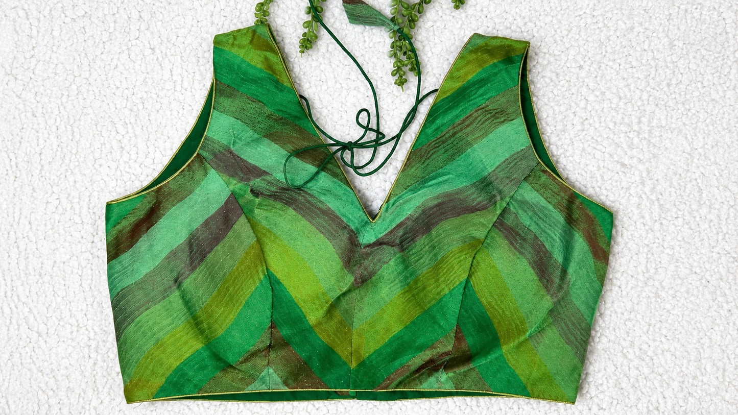 Green Multicolour Tissue Fabric Halter Blouse | Sleeveless with Tie-Back | Free Size