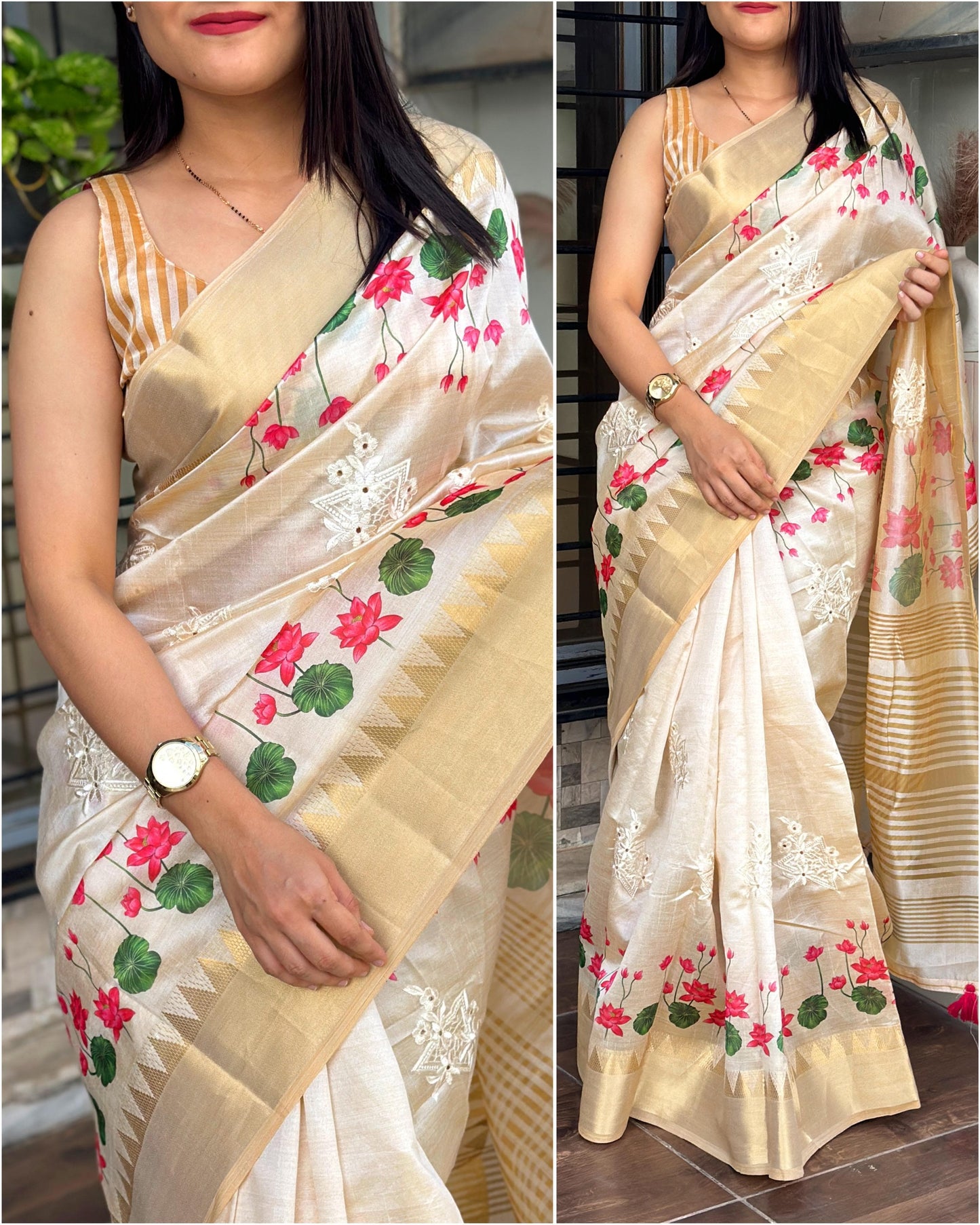 Typically traditional cream Assam silk saree with 3D concept design featuring pink lotus digital print, zari jacquard border and thread embroidered cut work - luxury Indian ethnic wear UK
