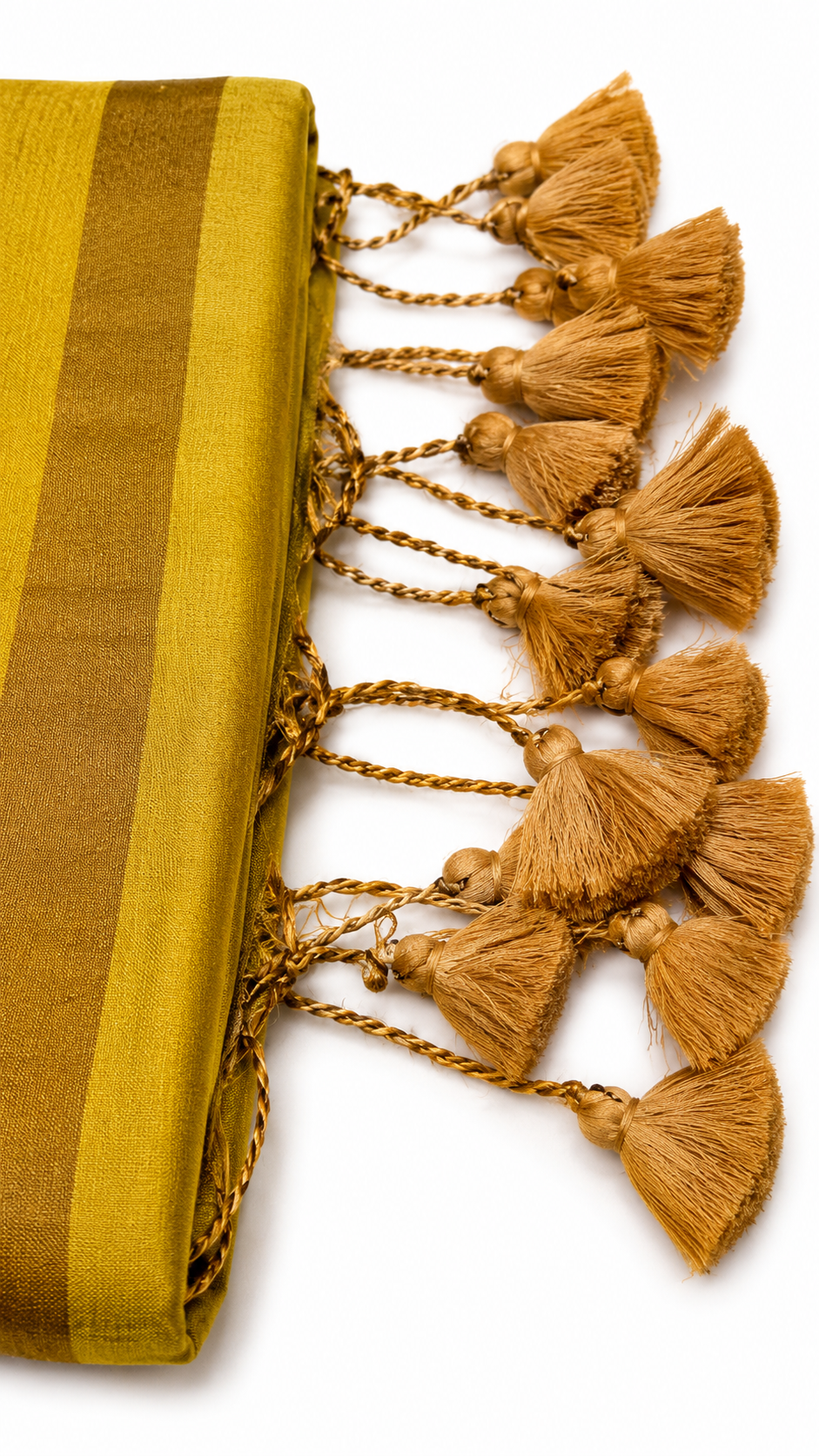 Mustard Yellow Raga Tissue Saree with Golden Striped Border & Tassel Pallu