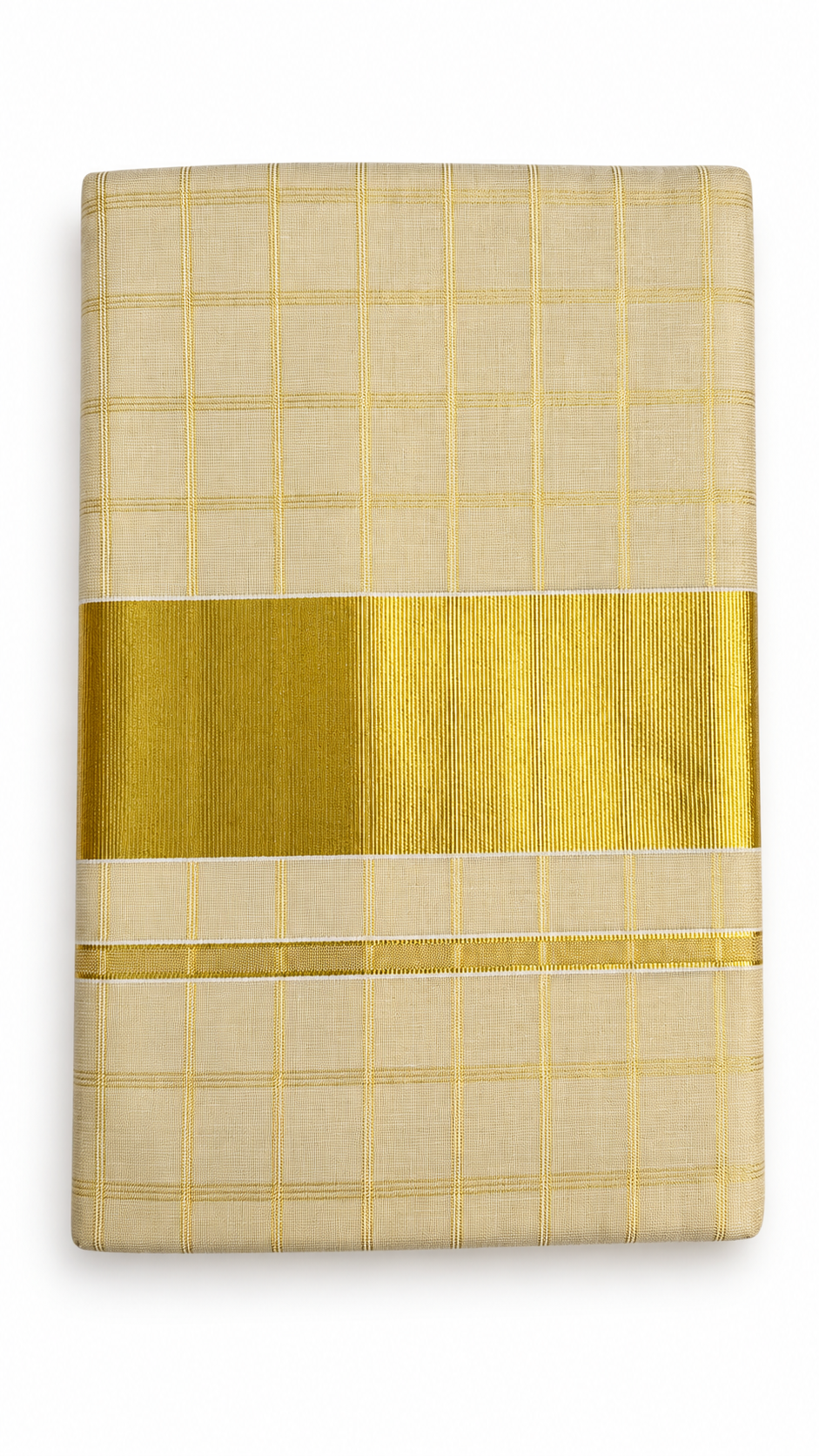 Premium Tissue Silk Saree with Gold Checked Weave & Wide Zari Border | Kerala Style Festive Wear