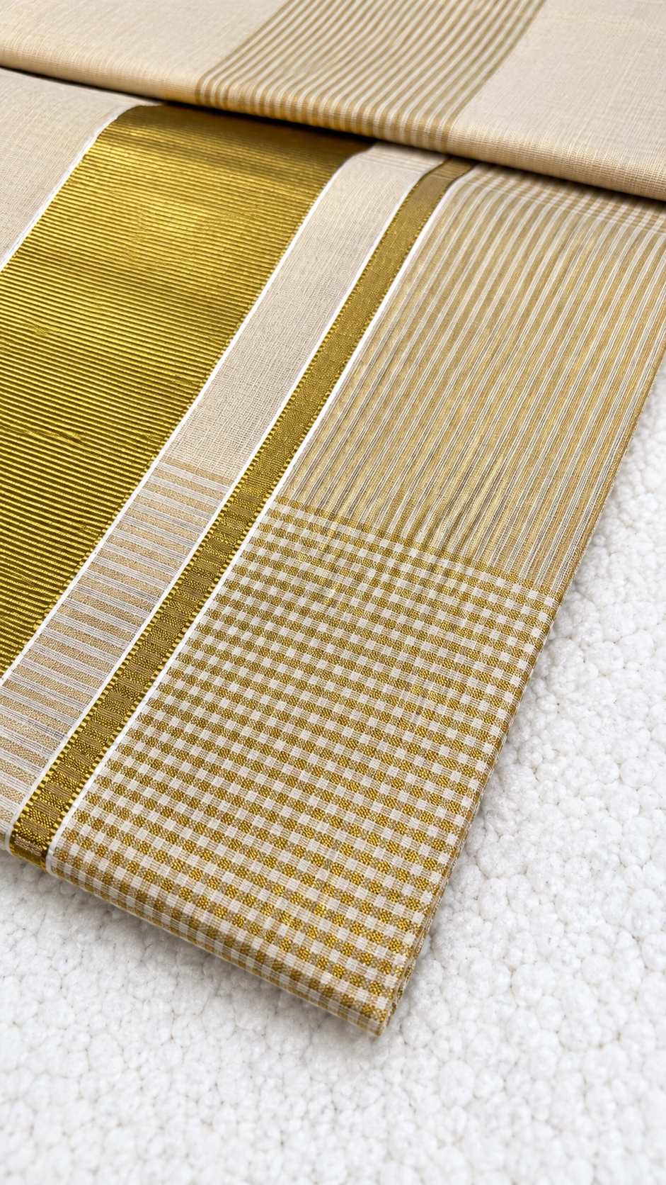 Tissue Silk Saree with Checked Weave, Striped Panels & Wide Gold Border
