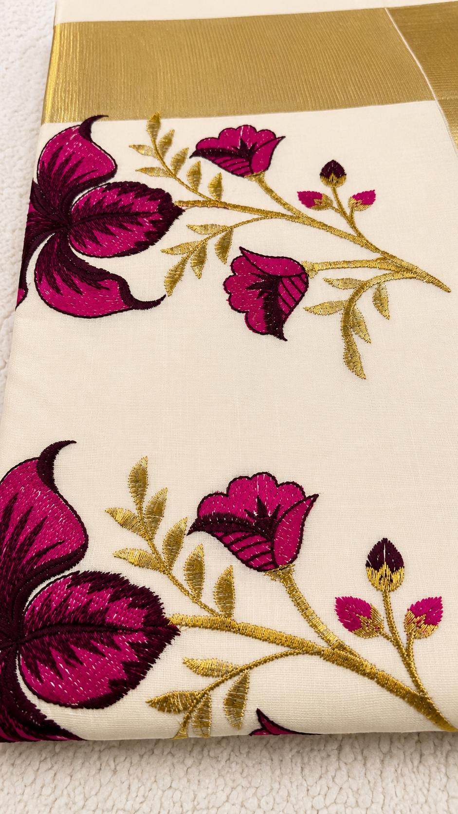 Cotton Saree with Magenta Floral Embroidery & Gold Border | Kerala Style Festive Wear