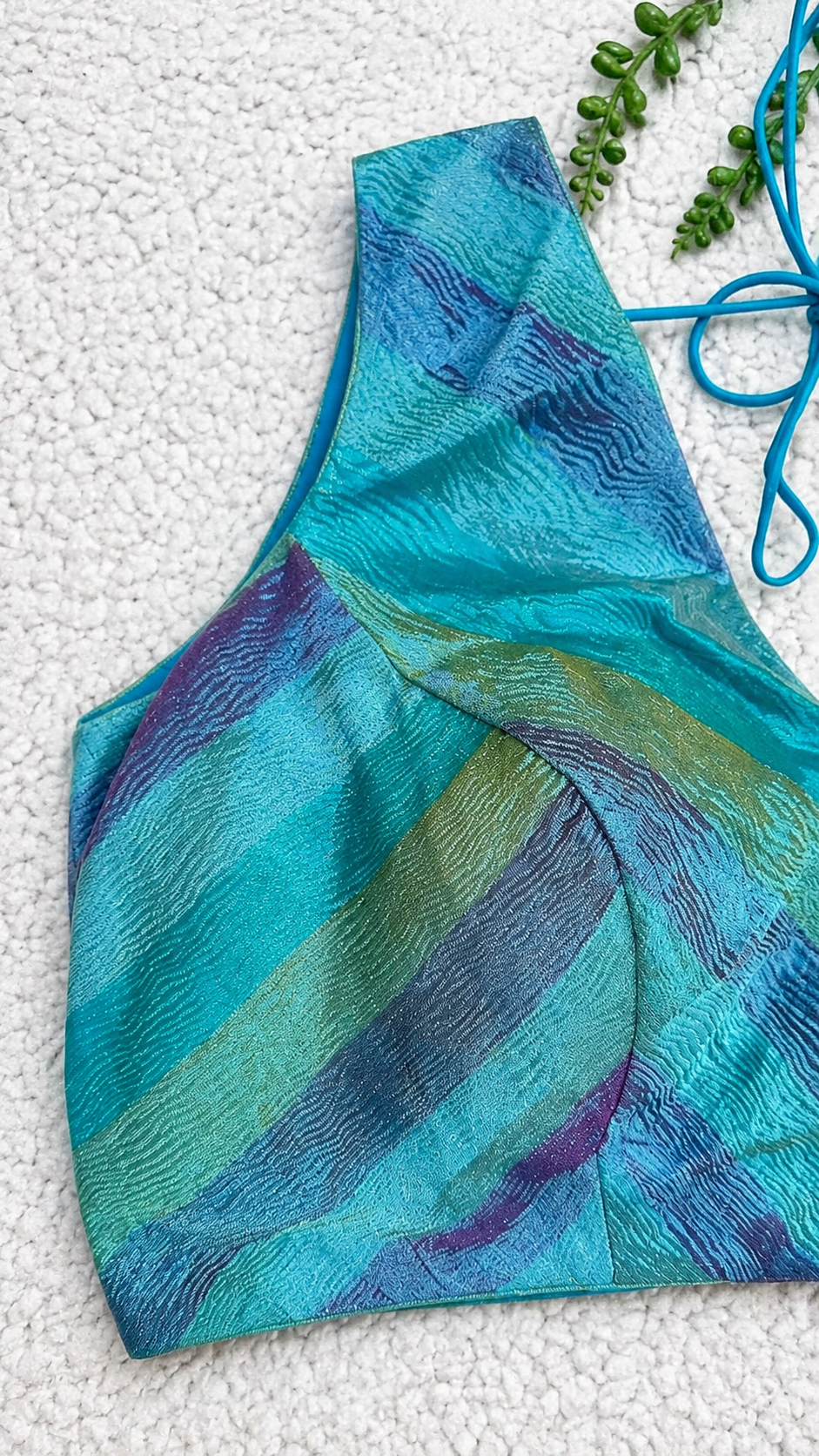 Blue Multicolour Tissue Fabric Halter Blouse | Sleeveless with Tie-Back | Free Size