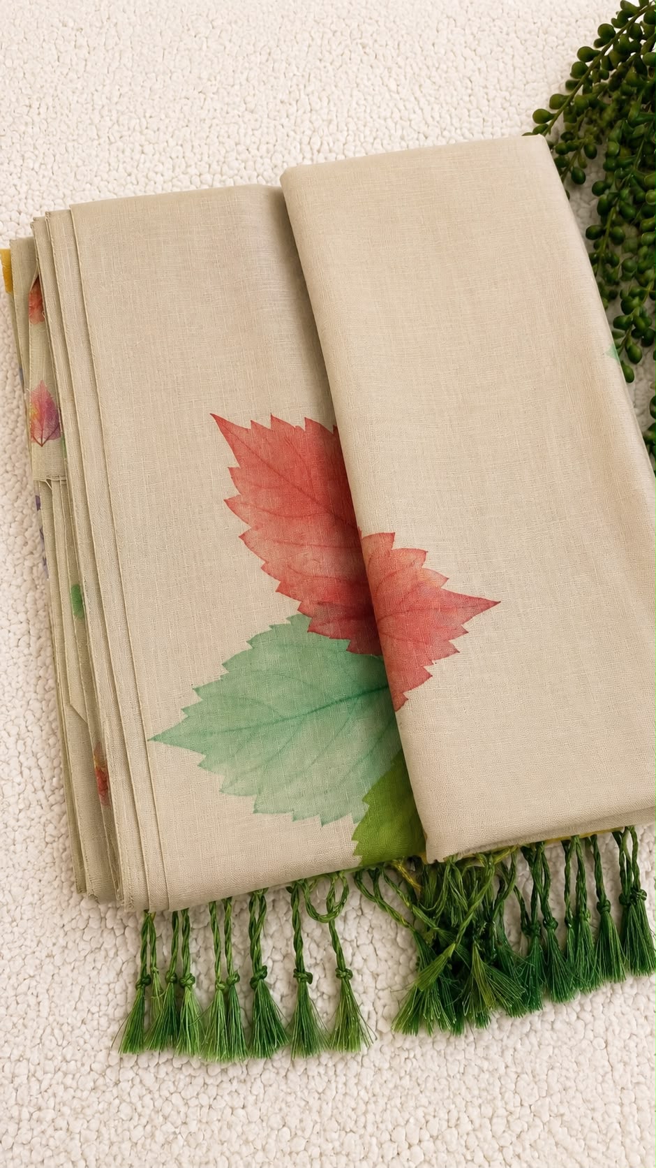Linen Tissue Saree with Multicolour Leaf Print & Green Tassel Pallu