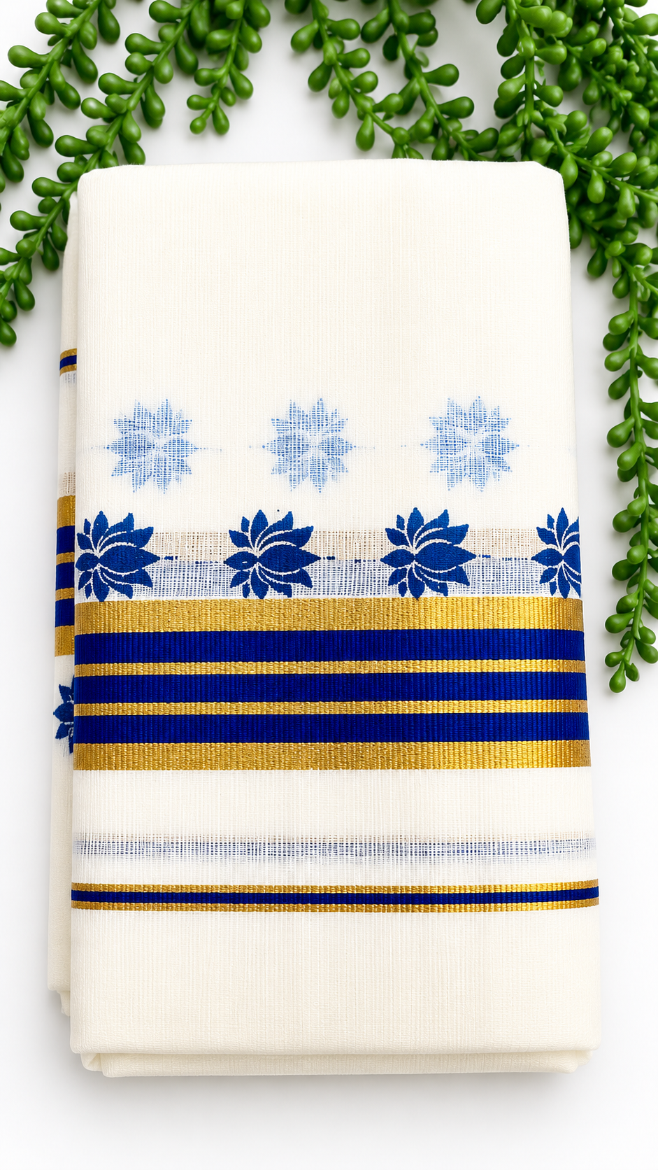 Kerala Cotton Set Mundu with Lotus Motif – Royal Blue Gold Border