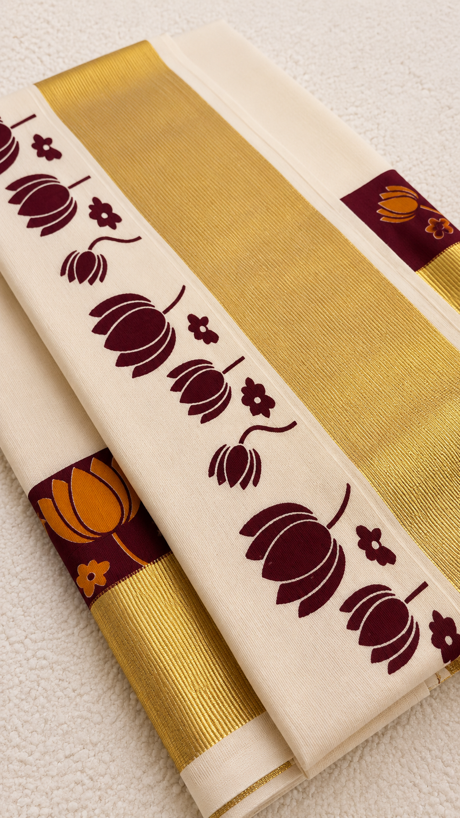 Kerala Cotton Set Saree with Lotus Print – Reddish Wine & Gold Border | Traditional South Indian Saree