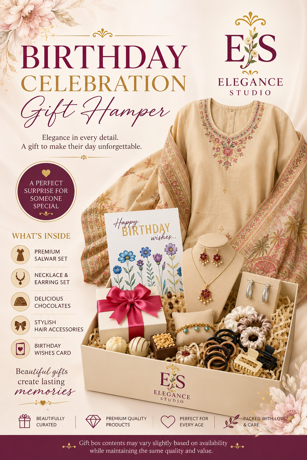 Elegant Birthday Gift Box – Salwar, Jewellery & Sweet Treats