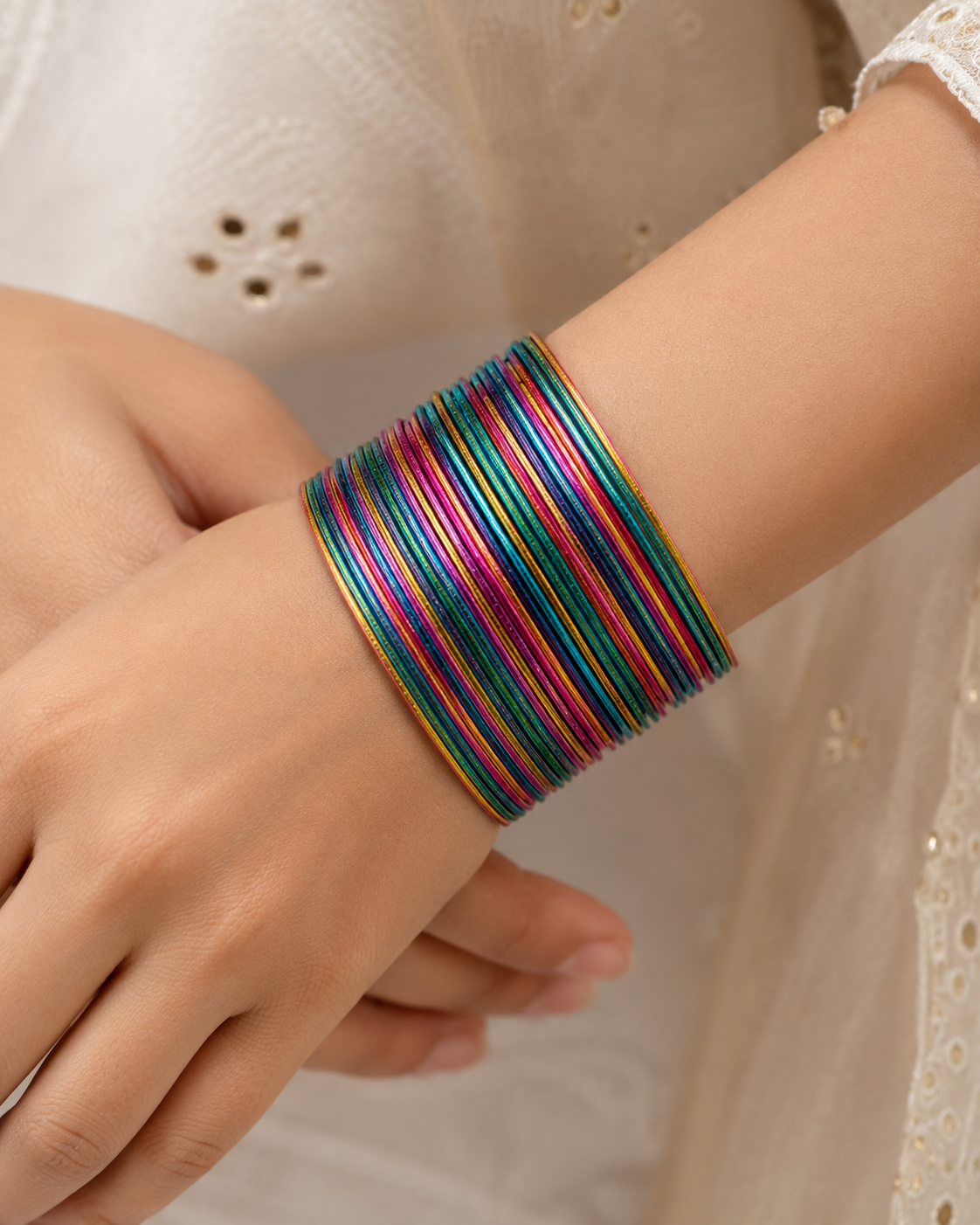 Multicolour Metal Bangle Set – Thin Stacking Bangles | Traditional Indian Bangle Set of 30 pieces