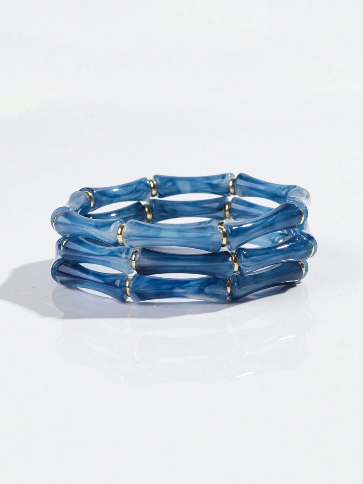 Bohemian Acrylic Bamboo Beaded Bracelet – Blue Marble Texture with Gold Accents | Set of 3 Stretch Bangles