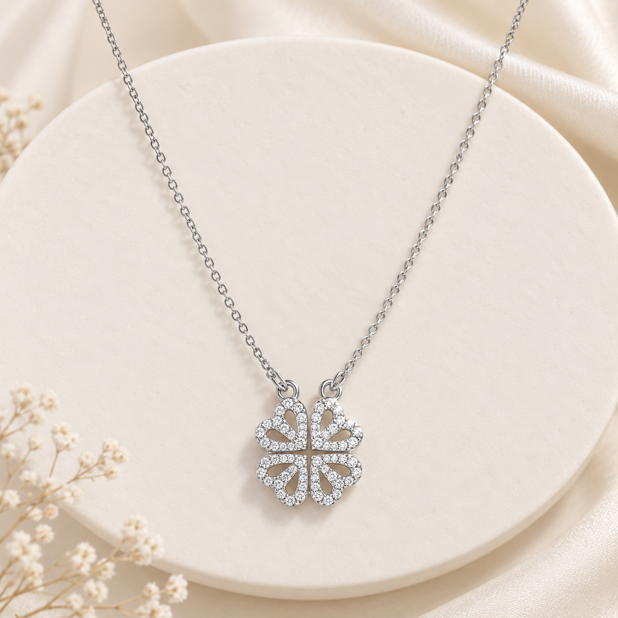 Silver-Tone Four Leaf Clover Necklace – CZ Studded Pendant on Fine Chain