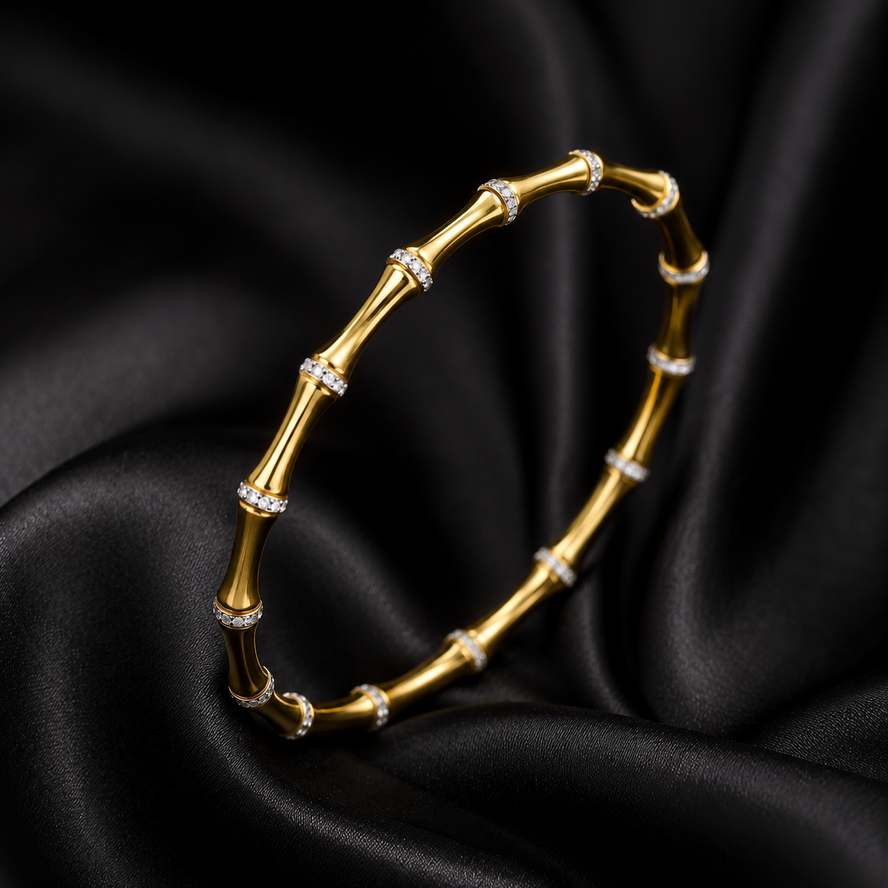 Elegant 18K Gold Plated Bamboo Knot Bangle Set with White Zirconia | Stainless Steel | 2-Piece Women’s Bracelet