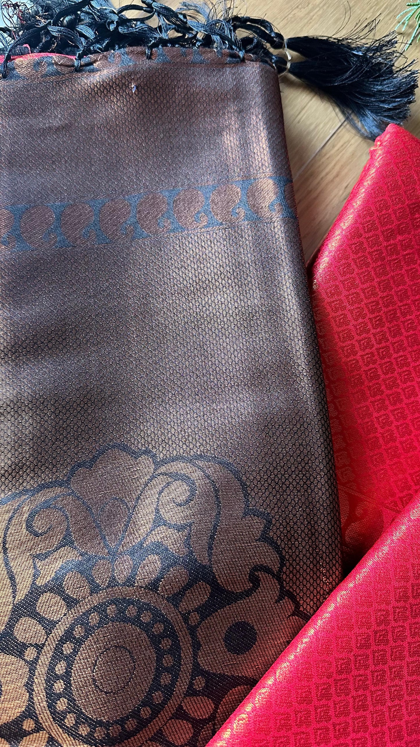 Premium silk saree with bold traditional motifs and tassels
