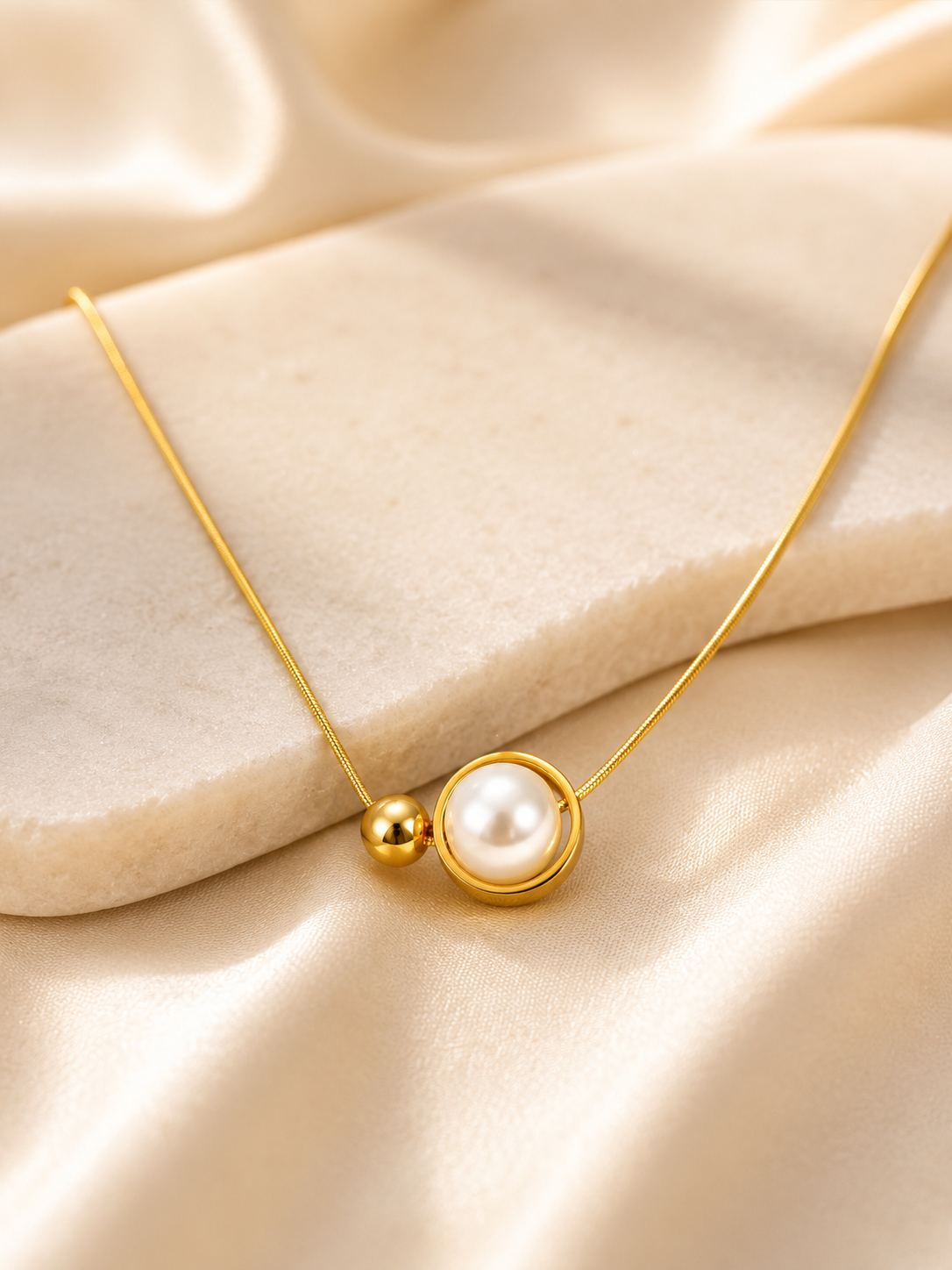 Orbit Faux Pearl Pendant Necklace – Stainless Steel, 18K Gold Plated