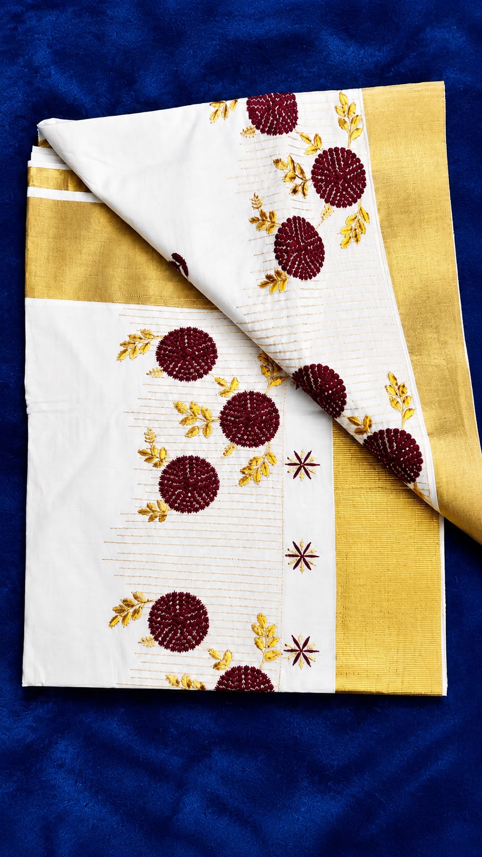 Kerala Kasavu Cotton Set Saree - Maroon Motiff