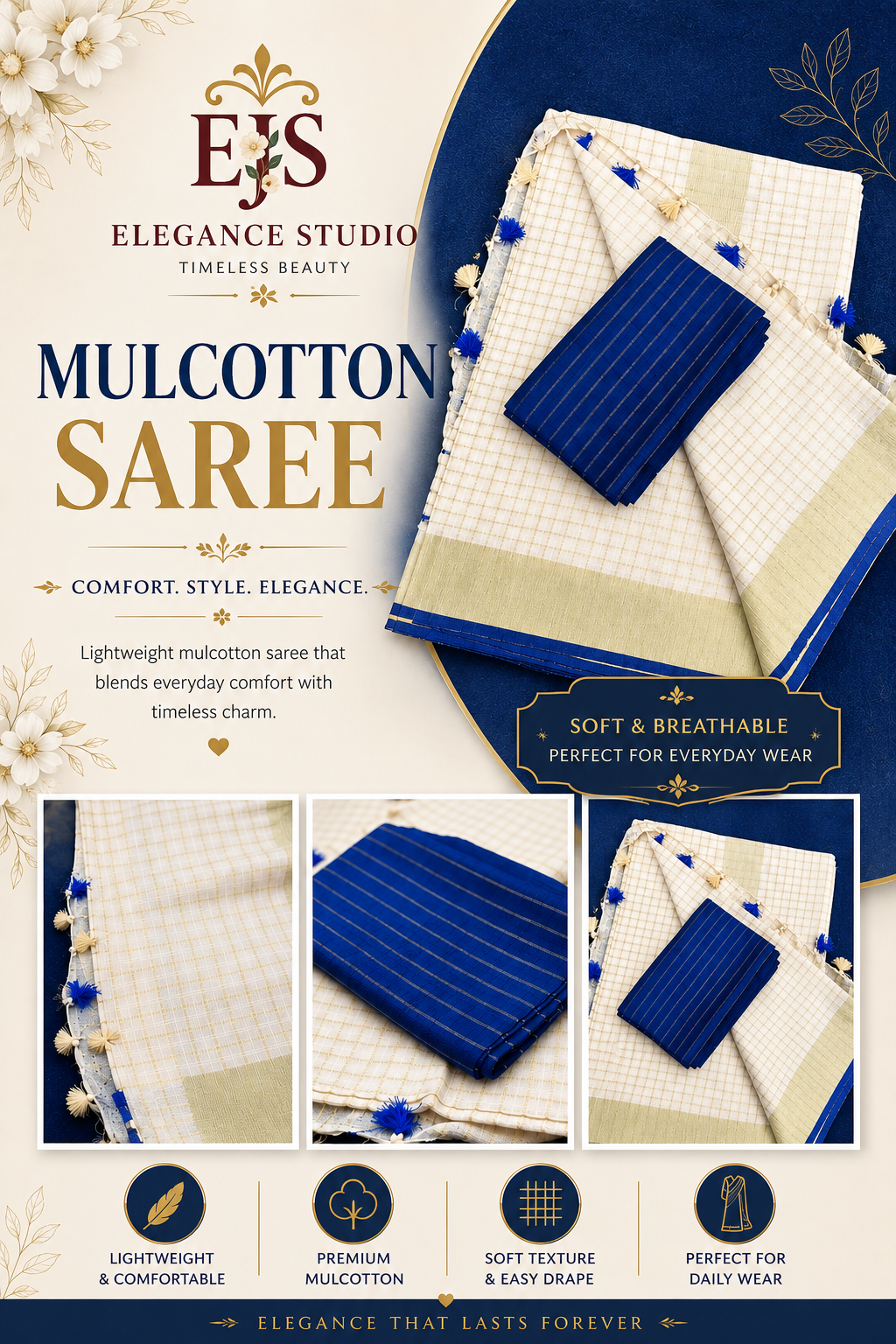 Royal Blue & Cream Mulcotton Saree with Golden Checks