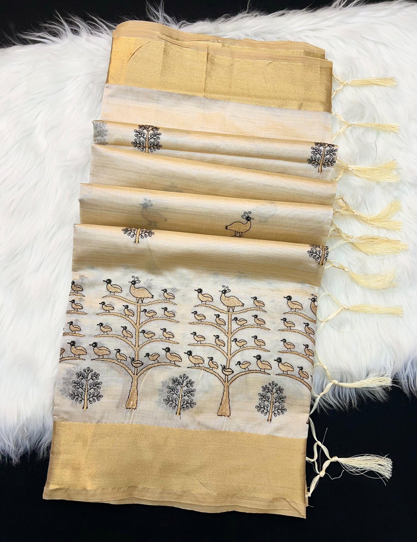 Cream Tusser Silk Saree with Tree of Life and Birds Embroidery