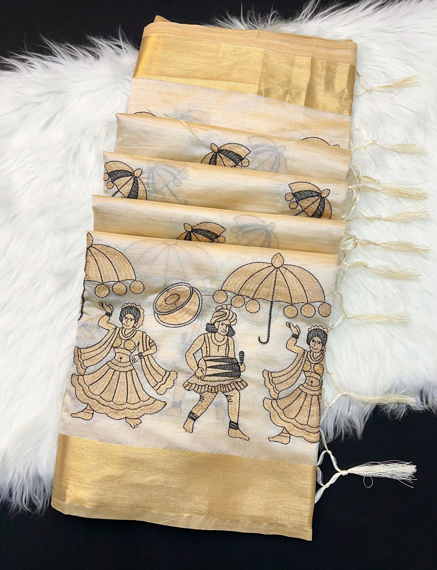 Cream Tusser Silk Saree with Royal Procession Embroidery
