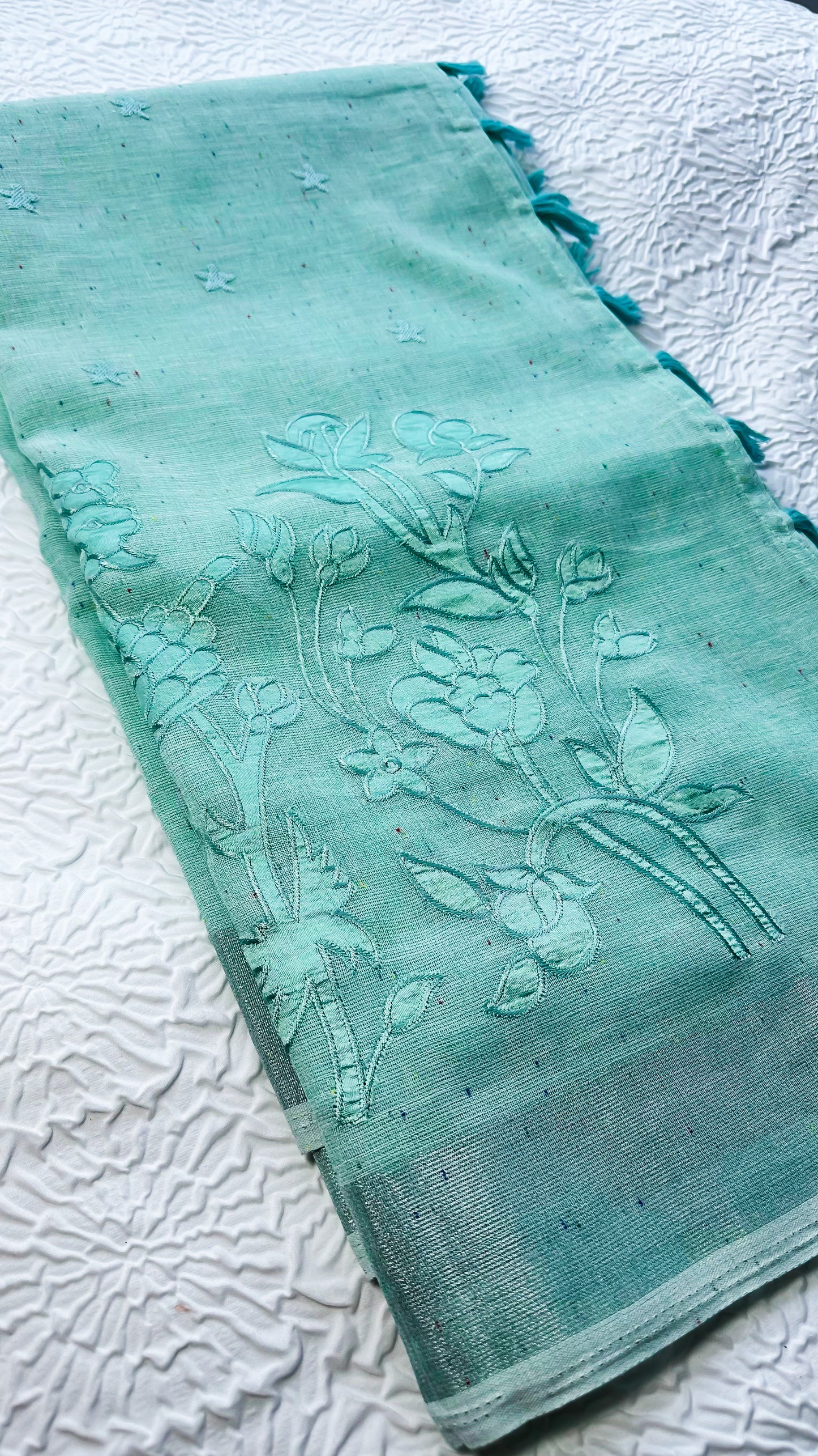 Light Blue Linen Saree with Floral Appliqué Embroidery & Tassel Pallu