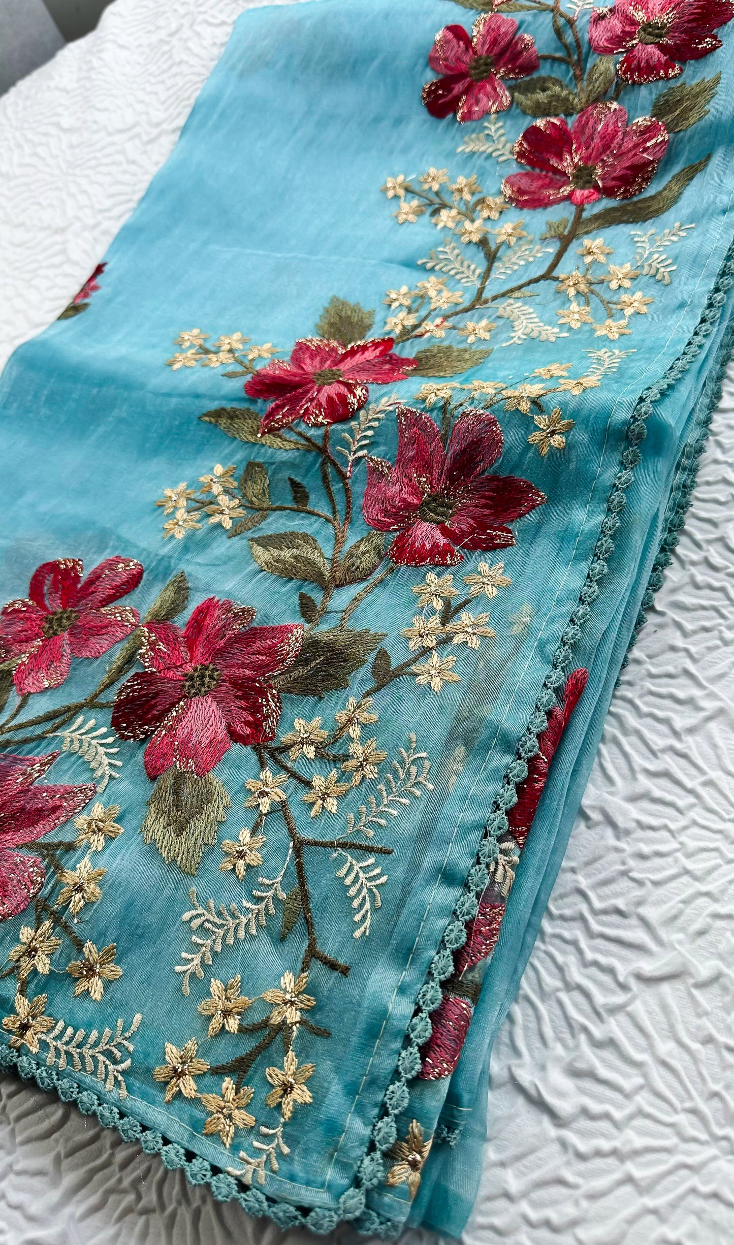 Glass Tissue Saree with Resham Shaded Floral Embroidery