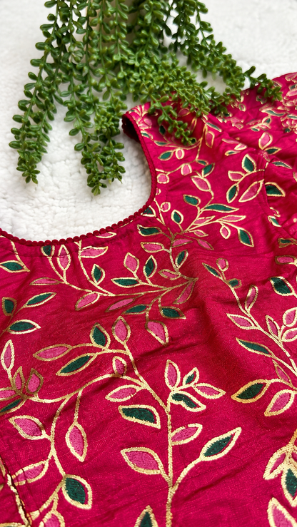 Stretchable Readymade Saree Blouse | Leaf Design with Gold Detailing | Ready to Wear Round Neck Blouse with Patterned Sleeve Border (S-L)