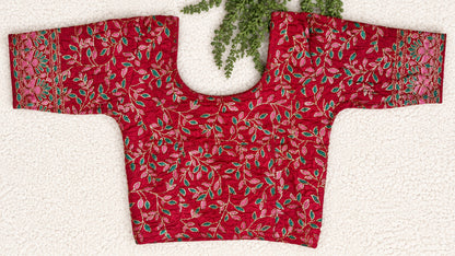 Stretchable Readymade Saree Blouse | Leaf Design with Gold Detailing | Ready to Wear Round Neck Blouse with Patterned Sleeve Border (S-L)