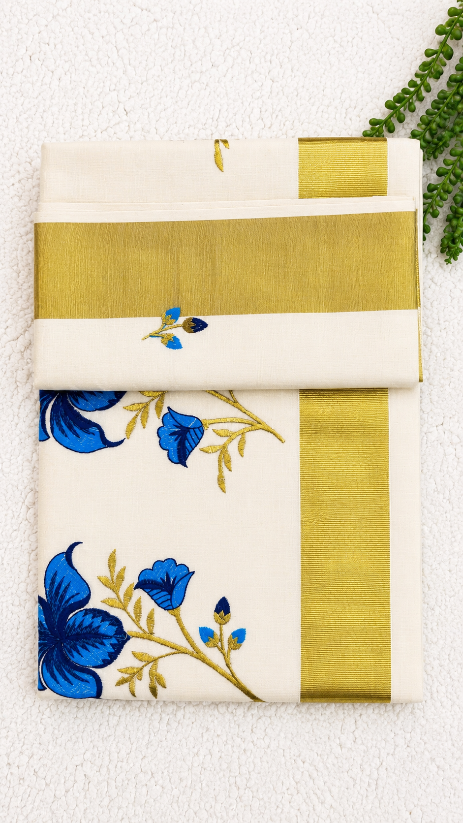 Cotton Saree with Blue Floral Embroidery & Gold Border | Kerala Style Festive Wear