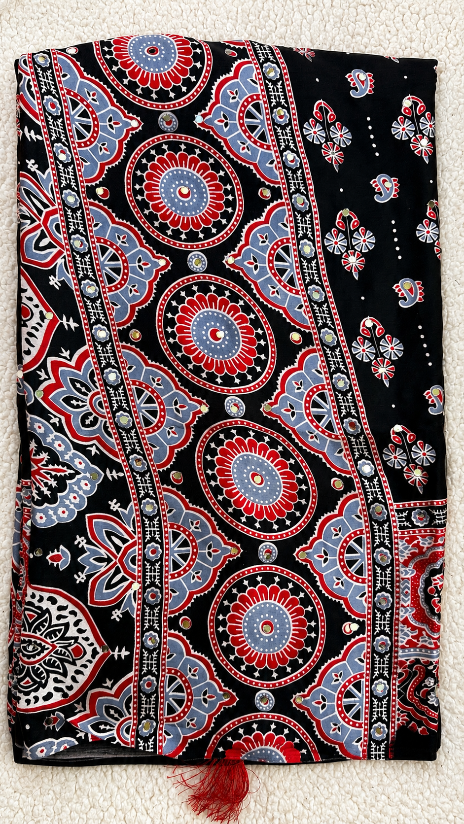 Black Modal Silk Saree with Ajrak Print & Mirror Work