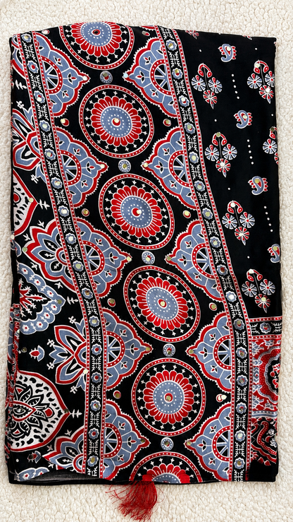 Black Modal Silk Saree with Ajrak Print & Mirror Work