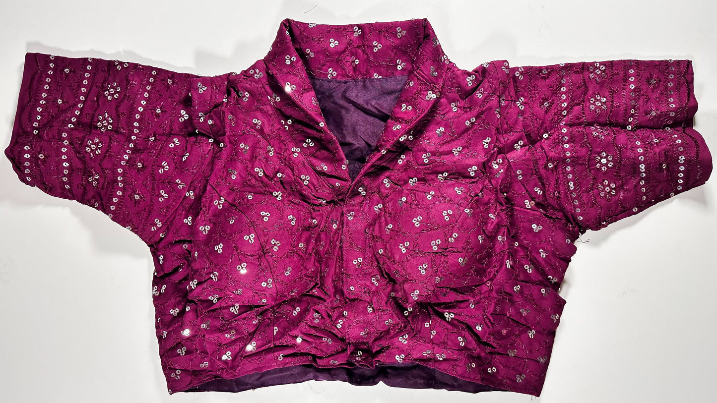 Vibrant magenta silk saree blouse with all-over sequin and mirror work embellishments - traditional Indian wedding choli for UK customers
