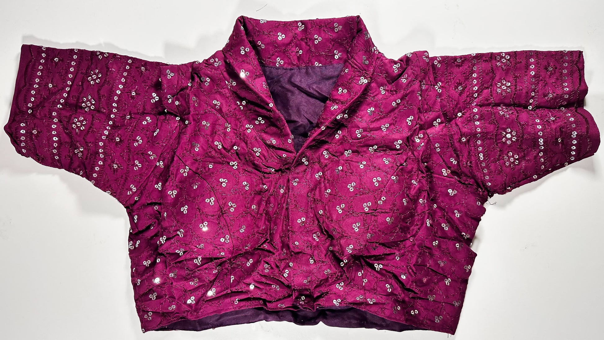 Vibrant magenta silk saree blouse with all-over sequin and mirror work embellishments - traditional Indian wedding choli for UK customers