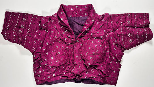 Vibrant magenta silk saree blouse with all-over sequin and mirror work embellishments - traditional Indian wedding choli for UK customers