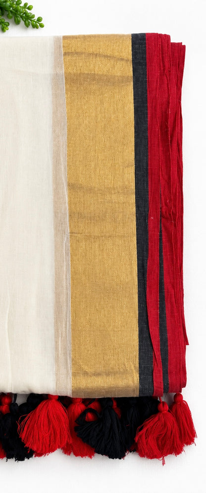 Off-White Mulcotton Saree with Gold Border, Black & Red Trim – 120 Count Kerala Cotton Saree