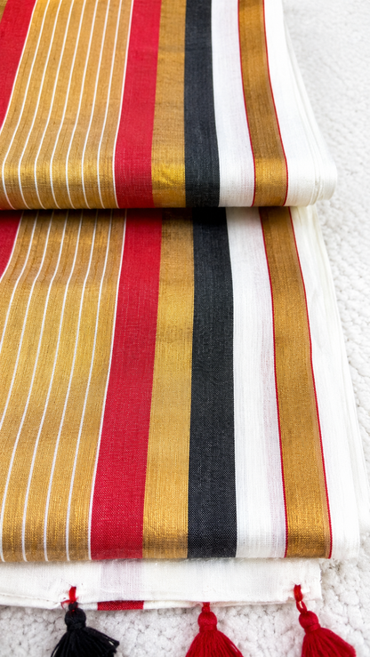 Mulcotton Saree | Cream Saree with Gold, Black, Red & Silver Striped Border | Tasselled Edge Traditional Saree